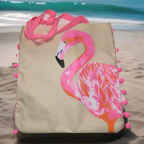 Flamingo Patterned Beach Bag Bright Pink 15 X 16" - Picture 2 of 8